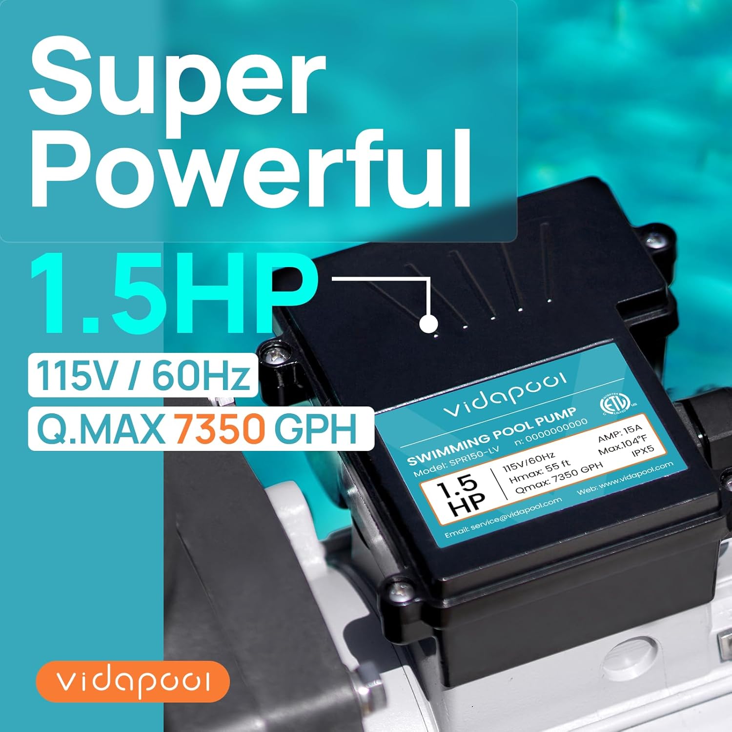 Bomba de piscina Vidapool 1.5HP 7350 GPH 115V – Bomba de alto flujo para piscinas elevadas o enterradas - Image 3