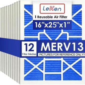Filtro Electrostático Reutilizable MERV 13 LEKEN 16x25x1 – Kit HVAC con Marco ABS y 12 Medios de Repuesto