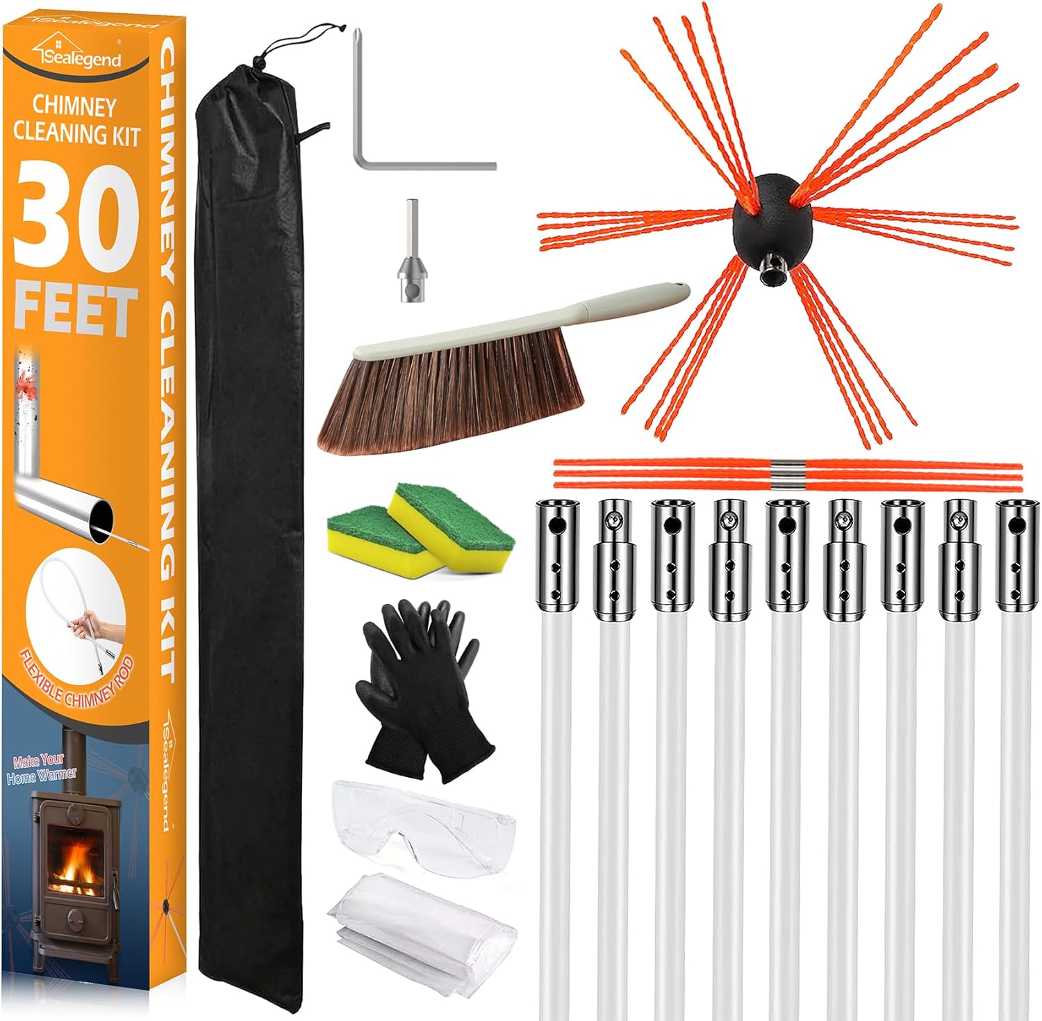 Kit de Barrido de Chimenea Sealegend 30 Pies – Sistema Rotatorio con 9 Varillas