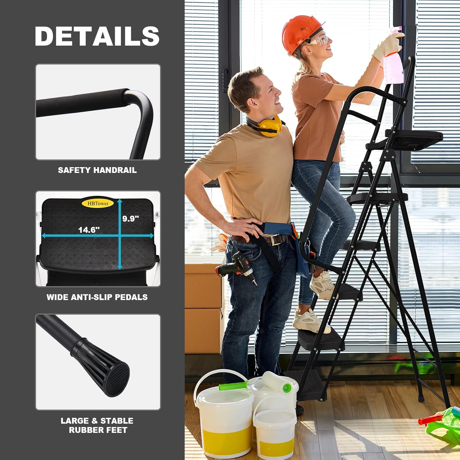 HBTower Escalera de 5 Escalones con Pasamanos y Plataforma para Herramientas - Image 5