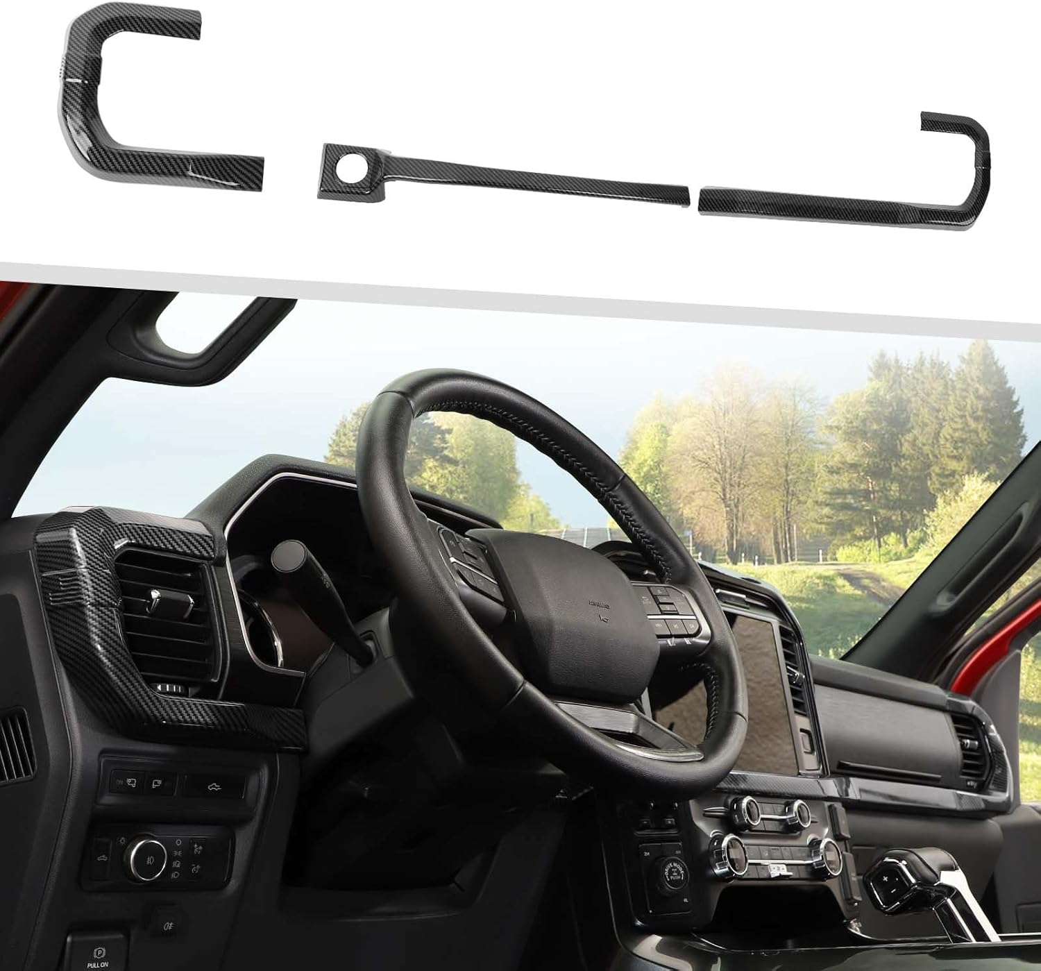 Jimen Cubierta de Panel de Salpicadero y Consola Central (3 Piezas) Compatible con Ford F150 2021-2023 – Fibra de Carbono