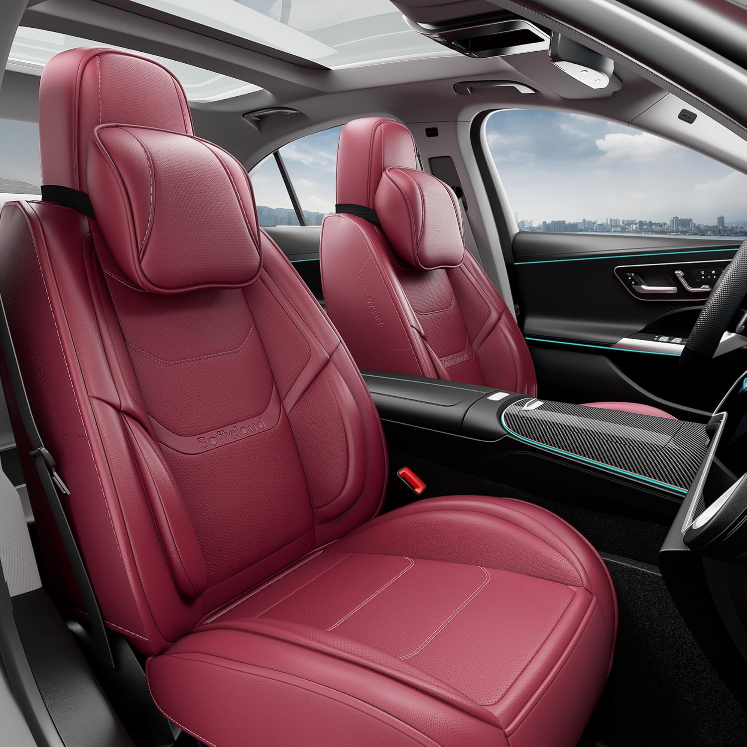 Juego Completo de Fundas para Asientos de Automóvil de Cuero Napa WineRed con Reposacabezas – Ajuste Universal - Image 2