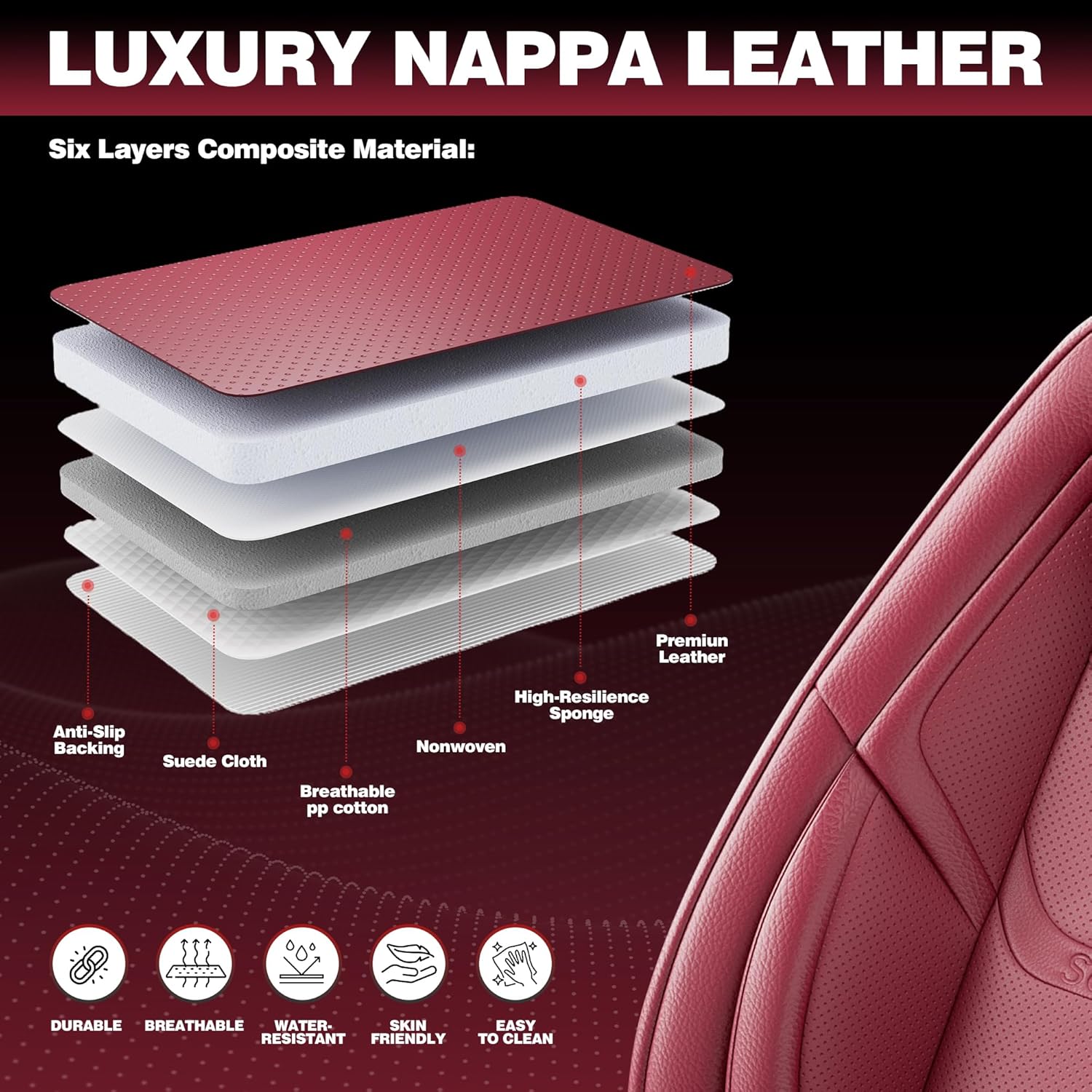 Juego Completo de Fundas para Asientos de Automóvil de Cuero Napa WineRed con Reposacabezas – Ajuste Universal - Image 6