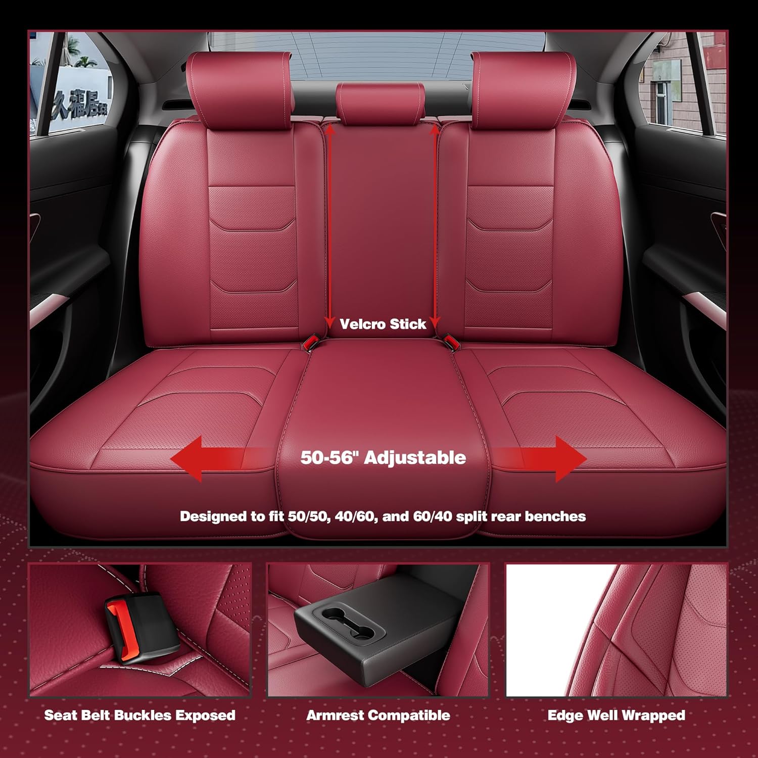 Juego Completo de Fundas para Asientos de Automóvil de Cuero Napa WineRed con Reposacabezas – Ajuste Universal - Image 4