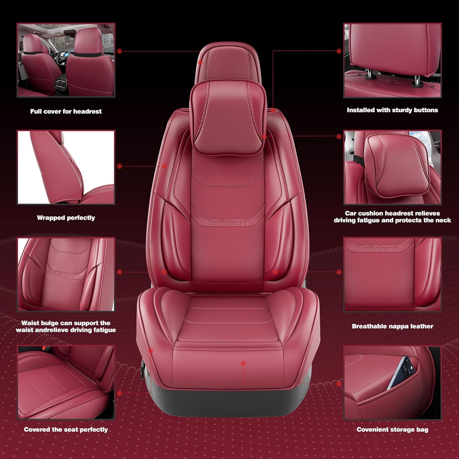 Juego Completo de Fundas para Asientos de Automóvil de Cuero Napa WineRed con Reposacabezas – Ajuste Universal - Image 5