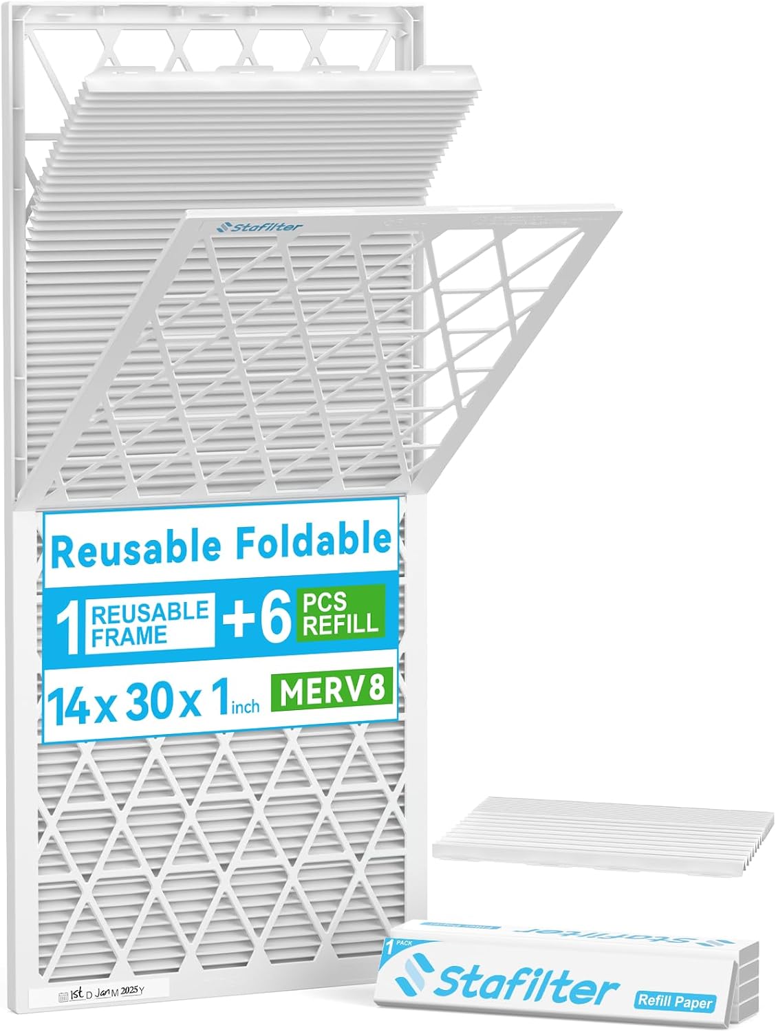 Filtro de Aire Reutilizable 14 x 30 x 1 pulgadas MERV 8 con Marco y 6 Recambios